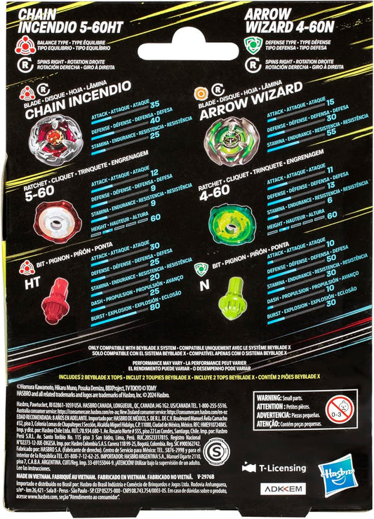 Beyblade X Chain Incendio 5-60HT and Arrow Wizard 4-60N Top Dual Pack Set