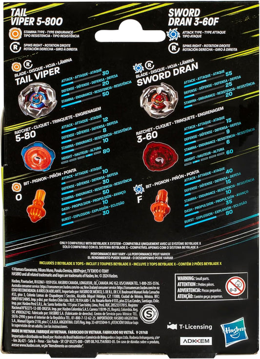 Beyblade X Tail Viper 5-80O and Sword Dran 3-60F Top Dual Pack Set